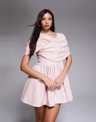 エイソス レディース トップス ワンピース レザー フェイクレザー ASOS LUXE faux leather bardot skater dress in dusky pink ピンク