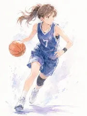 2Lサイズ c538 バスケットボールをする少女を描いた水彩画風イラストレーション作品
