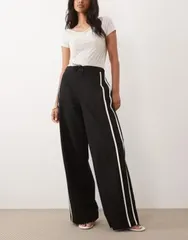 マンゴ レディース ボトムス カジュアルパンツ Mango tie waistraight pants with side stripe Black ブラック