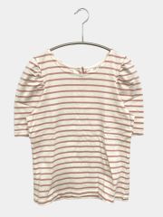 GLACIER グラシア Tシャツ/カットソー S ホワイト ボーダー柄 リボン ミドル丈 半袖 クルーネック(丸首) レディース