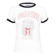 ガニー レディース トップス シャツ プリント Ganni Womens Kitty Print Baby Tee Bright White ホワイト