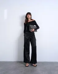 トップショップ レディース ボトムス カジュアルパンツ ワイドレッグ サテン レース Topshop satin wraparound with lace wide leg pants black ブ