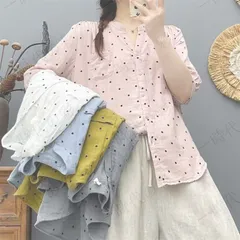 ガーゼ シャツ 2重ガーゼ シャツブラウス レディース 五分袖 トップス ドット柄 水玉 春 夏 ガーゼシャツ 羽織り キーネック 柔らかい 柔軟 大人 カジュアル ナチュラル ダブルガーゼ ゆったり