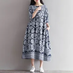 ワンピース 夏 レディース ロングワンピース リゾートワンピース 七分袖 ワンピ 総柄 ロングワンピ 花柄 クルーネック 綿麻風 大きいサイズ  夏服 ミモレ丈 ワンピース エスニック風 リゾート きれいめ おしゃれ yinnuohan01