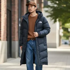 韓国規格THE NORTH FACE（ザ・ノース・フェイス）グースダウン ロングコート フード付き ブラック M / 95　刺繍ロゴ ベンチコート