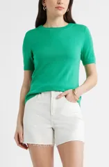 キャスロン レディース アウター パーカー・スウェット ウール セーター Caslon Short Sleeve Merino Wool Blend Sweater Top GREEN EASE グリ