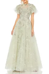 マックダガル レディース トップス ワンピース レース Mac Duggal Illusioneck Beaded Lace Flutter Sleeve Ball Gown Seafoam