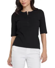エヌワイディージェイ レディース トップス シャツ リブ NYDJ Ribbed Elbow Sleeved Henley Top Black ブラック