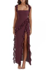 ハウスオブシービー レディース トップス ワンピース サイドスリット フリル HOUSE OF CB Ariela Ruffle Side Slit Gown MULBERRY