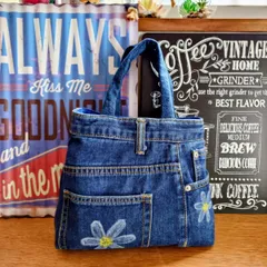 246☆USEDダメージデニムリメイク☆ミニトートバッグ☆フラワーペイント☆リメイクデニムバック☆