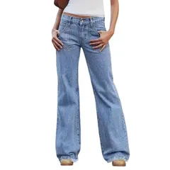 イエスファッション レディース ボトムス デニムパンツ ワイドレッグ ローライズ ジーンズ Yesfashion Womens Low Rise Wide Leg Jeans Frayed Hem D