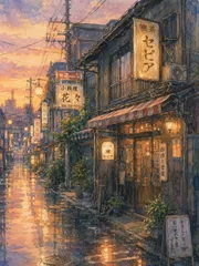 A3サイズ c463 夕暮れの街並みと喫茶店を描いた水彩画風イラスト アートポスター