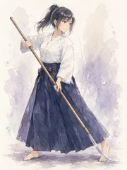 A2サイズ c773 薙刀を持つ女性のイラスト 水彩画風 アート作品 剣道着 袴姿 ポニーテール