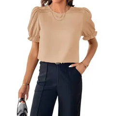 セオリア レディース トップス シャツ フリル ブラウス Seoria Women Elegant Ruffle Puff Short Sleeve Casual Blouses Apricot アプ