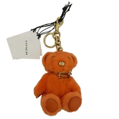 COACH コーチ 熊 ベア シグネチャーシアリング バッグチャーム  レザー 革 ロゴ キーリング キーホルダー オレンジ系【美品】【中古】