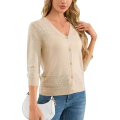 セオリア レディース アウター ニット・セーター ボタンダウン リブ カーディガン ダウン クロップド Seoria Womens 34 Sleeve Sweater Shrugs Crochet C