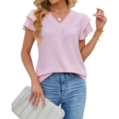 エリートスピリット レディース トップス シャツ Vネック シフォン プリーツ フリル ブラウス EliteSpirit Womens Ruffle Short Sleeve Pleated V Ne