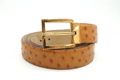 Celine Vintage Logo Square Buckle Men's Belt, Ostrich Leather, Brown, CELINE 7538k