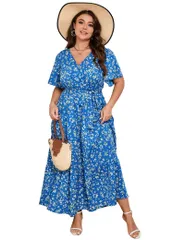 ファンジュライ レディース トップス ワンピース Vネック プラスサイズ フリル マキシ FUNJULY Womens Plusize Maxi Dress Ruffle Dressummer V N