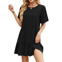 セオリア レディース トップス ワンピース フリル裾 フリル ミニ Seoria Women Summer Casual Dresses Ruffle Hem Short Sleeve Loose S