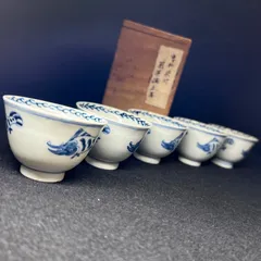 中国清時代 新渡青花魚図煎茶碗5客 木箱付 口径約6㎝ 新Y8-0828