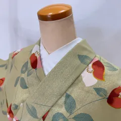 小紋 単衣 洗える着物 裄63.3cm 身丈153.2cm 花柄 お洒落着 普段着 ポリエステル 緑 美品 S サイズ 6422