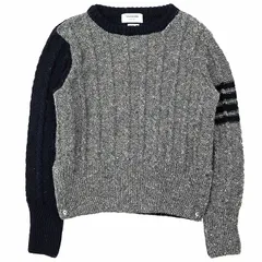 【美品】THOM BROWNE トムブラウン ケーブルニット ウール/モヘア サイズ 3 メンズ ローゲージ 4BARストライプ サイドボタン ロングスリーブ 長袖 トップス グレー ネイビー 紺 灰色 アイルランド製