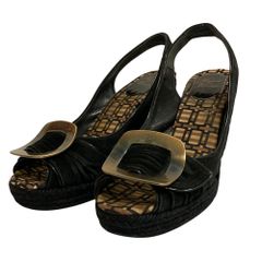 Roger Vivier ロジェヴィヴィエ スクエアバックル スリングバック ウェッジソールサンダル サイズ37 24cm相当 ブラック レディース 古着 中古 USED
