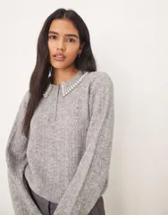 ジェイディーワイ レディース アウター ニット・セーター セーター JDY faux pearl trim collared sweater Gray グレー