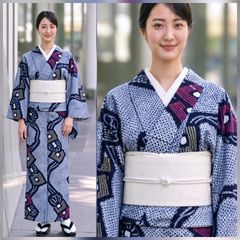 美品】有松鳴海絞り 高級浴衣 総絞り 紺 麻の葉 肩当て・居敷当て付き