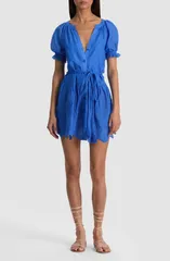 アリス アンド オリビア レディース トップス ワンピース ミニ コットン Alice Olivia Thalia Cotton Puff Sleeve Minidress BLUE IRIS ブルー