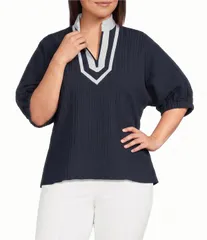 カレッサ レディース トップス シャツ プラスサイズ Calessa Plusize Woven Textu red Stripe Band Collar Elbow Length Sleeve Tu