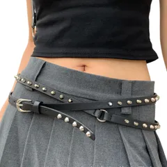 スタッズベルト 細い ハーネスベルト ナローベルト y2k サブカル系 地雷系 ベルト リベット PUレザー 168cm 黒 レディース メンズ