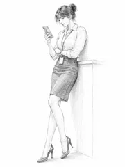 A3サイズ c755 スマートフォンを持つ女性を描いた鉛筆画風のモノクロイラストレーション
