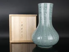 韓国人間文化財 柳海剛(柳根瀅) 高麗青磁 菊雲鶴文 花瓶 共箱 保証品