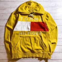 【人気ブランド】TOMMY HILFIGER Hoodie トミーヒルフィガー イエロー レッド ホワイト 切替 ロゴ パーカー 古着 #T6932