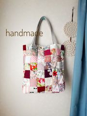 ハンドメイド　パッチワーク　トートバッグ　ピンク花柄