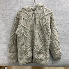 SK2-14  ユーロ古着 エクアドル製 ハンドニット ケーブル編み フード付き ジップパーカー ベージュ メンズ