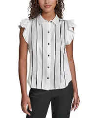 カール ラガーフェルド レディース トップス シャツ フリル ブラウス KARLAGERFELD PARIS Ruffle Sleeve Blouse Soft White ホワイト