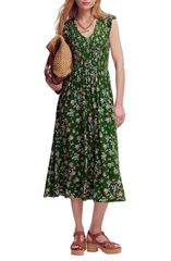 ボーデン レディース トップス ワンピース ミディ シャーリング ジャージー Boden Smocked Jersey Midi Dress Courtyard Bloom Scatter