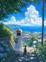 A2サイズ c742 夏空と海を見下ろす少女と猫のアートプリント 麦わら帽子と紫陽花の風景画