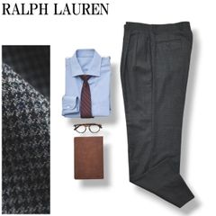 カナダ製 ラルフローレン RALPH LAUREN カシミヤ混ウール WOOL CASHMERE ツータック スラックスパンツ トラウザー W33 L30 千鳥格子柄 グレー メンズ