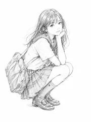A4サイズ c725 鉛筆画 モノクロ セーラー服の女子高生 蹲る少女のイラスト アート作品