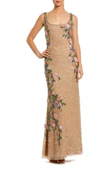 マックダガル レディース トップス ワンピース フラワー柄 メッシュ フラワー Mac Duggal Embellished Mesh Gown with Scoop Neck and Floral