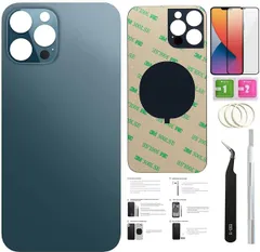 Day-market 12 Pro バックガラス iPhone 12pro用 バックカバーガラス (6.1インチ) 取り付け済みテープ + 取付説明書 + 修理ツール + スクリーンプロテクター (パシフィックブルー) [ブルー(Pacific Blue)]