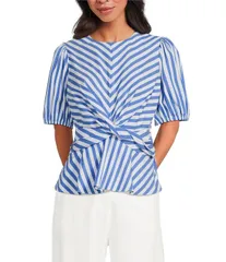 スカイズアブルー レディース トップス シャツ クルーネック プチ プリント Skies Are Blue Petite Size Stripe Print Crew Neck Short Sleev