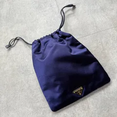 PRADA プラダ 三角ロゴ 巾着ハンドバック ドローストリングポーチ ネイビー ナイロン レザー トライアングルロゴ