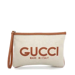 グッチ GUCCI クラッチバッグ GUCCIロゴ バッグ 777165 FACUL 8451 ベージュ ブラウン コットンリネンキャンバス レザー 【中古】