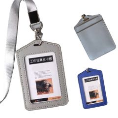 1個 本革 IDカードホルダー 縦型 IDカードケース 社員証ケース ネームホルダー正面クリア+2つカードポケット メンズ 名札ケース 首下げ ネックストラップ 社員証 カードケース 首掛け ネームホルダー 首掛け クリップストラップ付き 名刺 名札 社員 証