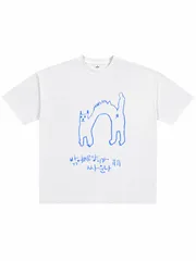新品 送料無料 青線画ネコイラストグラフィック T シャツ 手書き風 個性的 アニマルプリント カジュアル ストリート